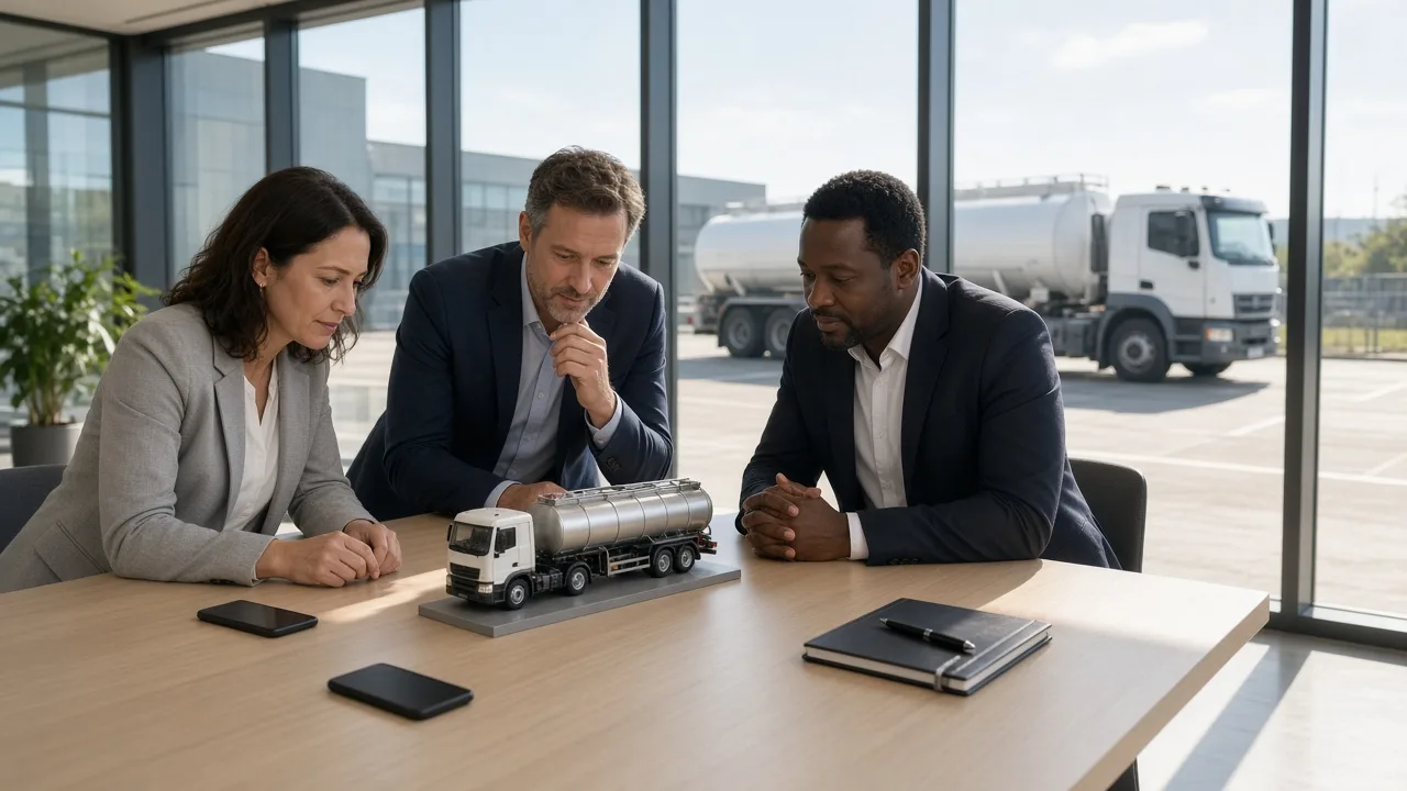 A team reviews a small fuel truck model in a bright meeting room.
