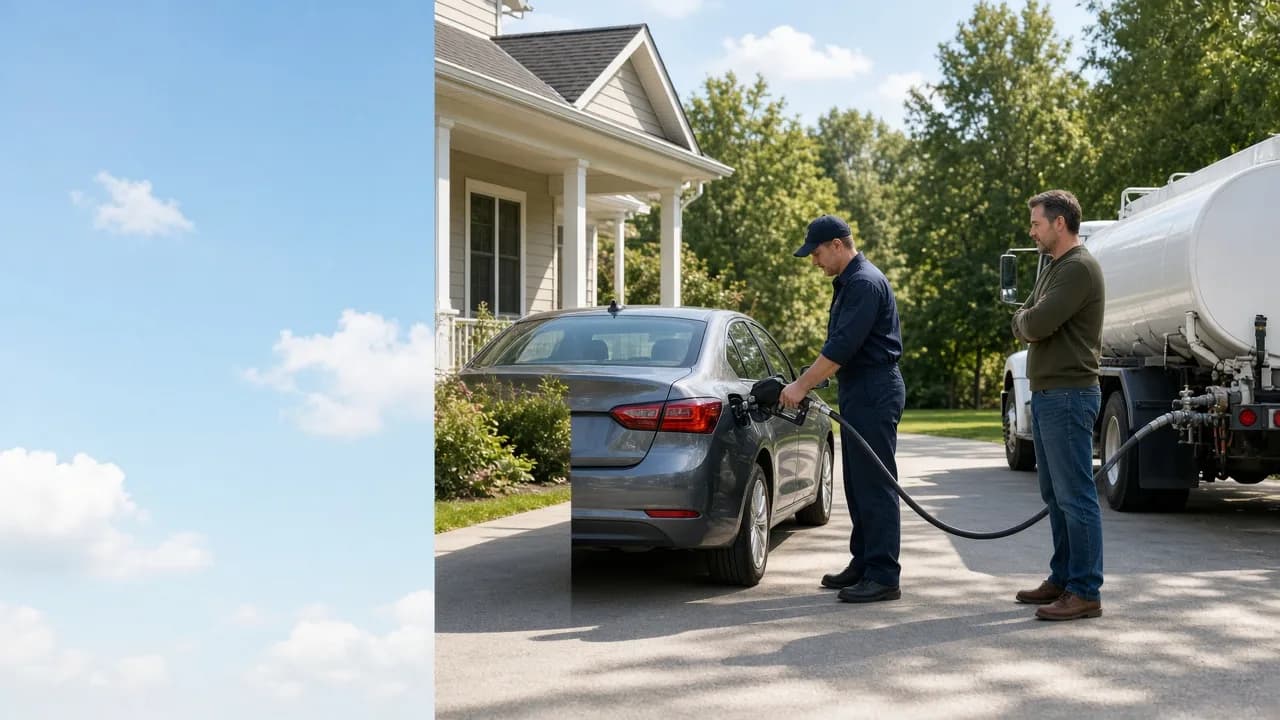 A homeowner watches a technician fuel a car from a white truck in a sunny driveway.