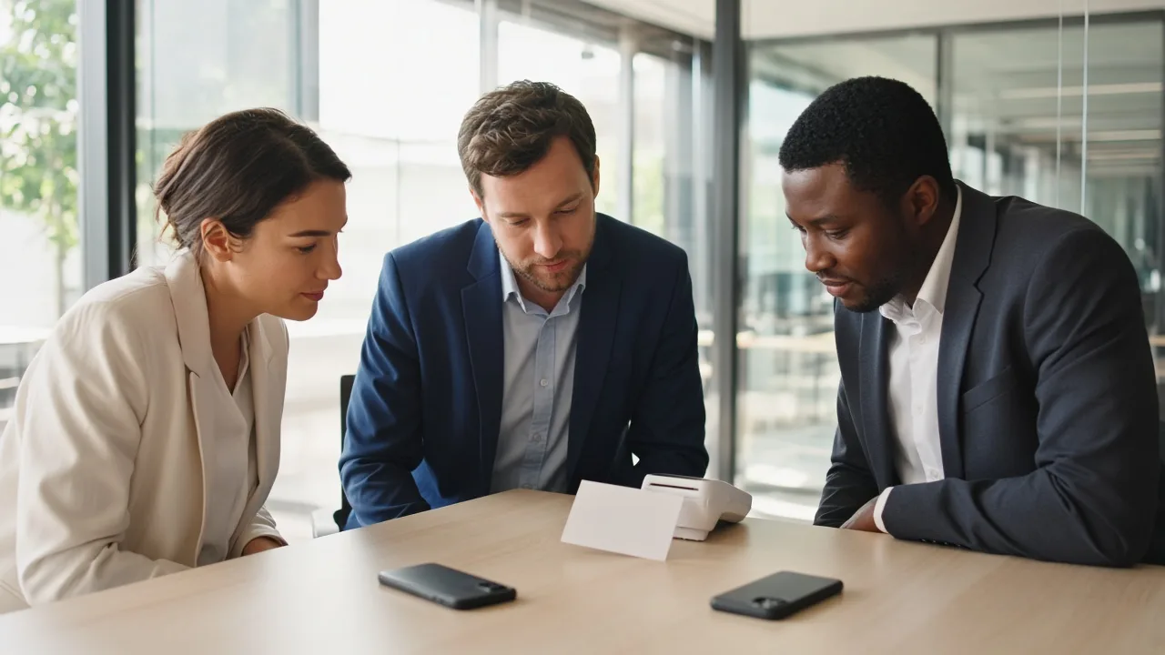 A team reviews a plain card and a white payment terminal in a bright meeting room.