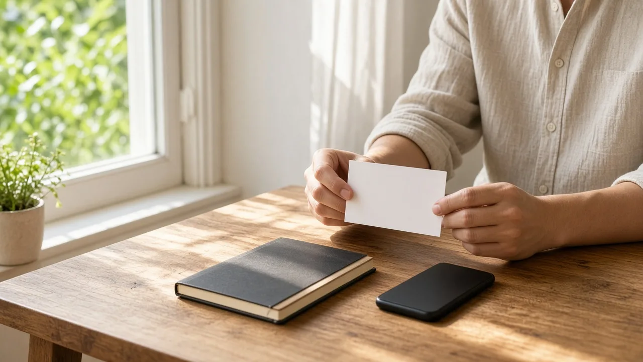 A person at a sunlit desk holds a plain card above a closed notebook.