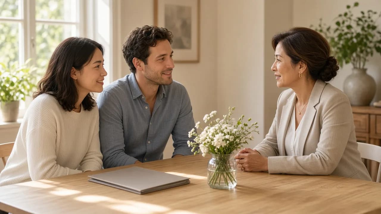 A matchmaker talks with a couple at a sunlit table beside a closed folder and a small bouquet.