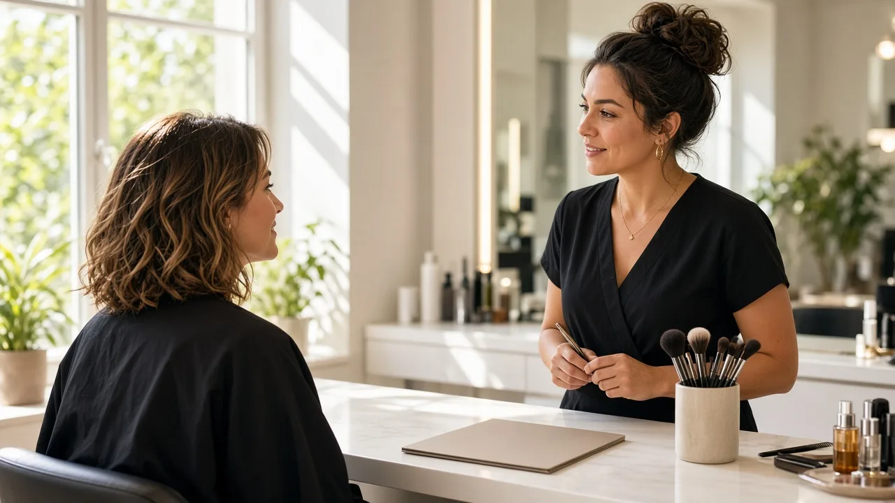 A stylist consults with a client at a sunlit salon station beside a blank folder.