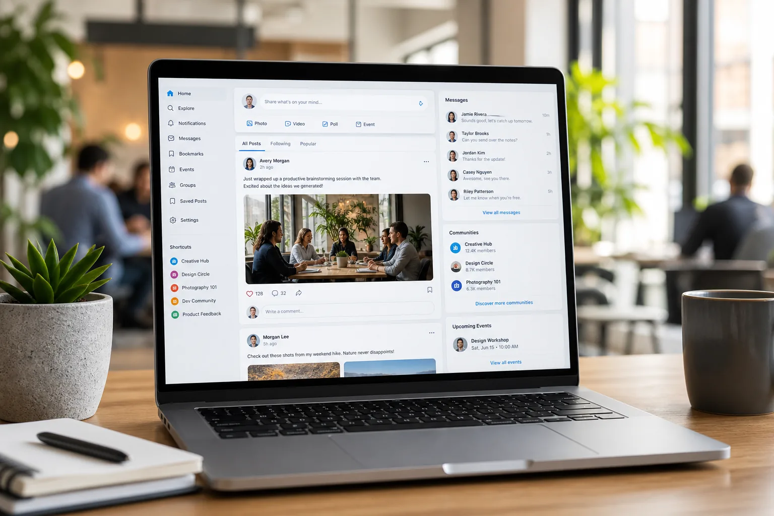 Laptop showing a social media platform dashboard with feeds, messaging, and community analytics